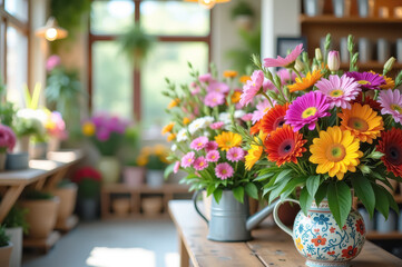 Colorful gerbera daisies in sunlit flower shop with potted plants and vases