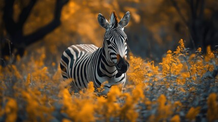 Striking Zebra in Autumnal Field