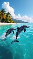 Playful dolphins jumping out of crystal-clear water with a tropical island backdrop