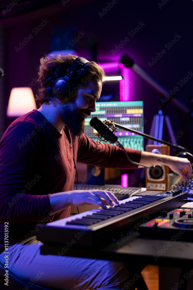 Poster Audio engineer playing piano electronic keyboard to compose a new song, singing on microphone and adjusting volume levels. Producer recording music, plays on midi controller gear.