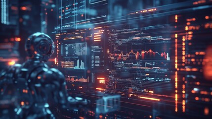 A humanoid robot observes a digital interface filled with complex graphs and data visualizations in a dimly lit, futuristic environment. The scene reflects technological advancements in AI and machine