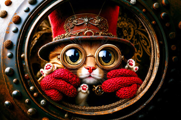 A cat wearing a top hat and goggles looking out of a porthole