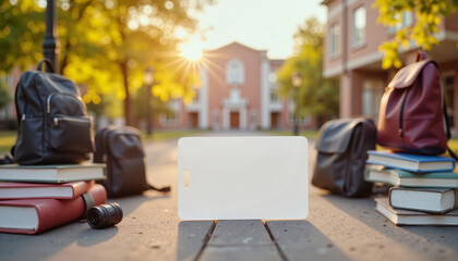 Blank white student ID card on university campus during sunset, academic concept