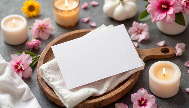 Blank white voucher card in calming spa setting, relaxation concept