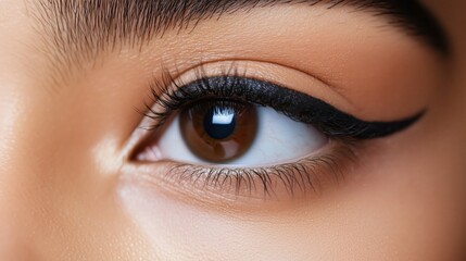 Obraz premium Close-up of a woman's eye with brown iris, bold black eyeliner, long curled eyelashes, and smooth skin texture highlighting makeup details