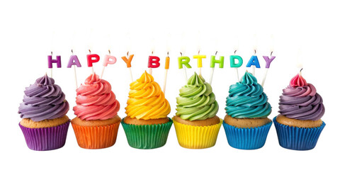 Multicolored cupcakes with candles Happy Birthday isolated on transparent background png