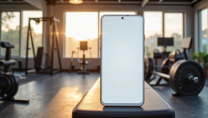 Blank white smartphone on gym bench in morning light, fitness motivation
