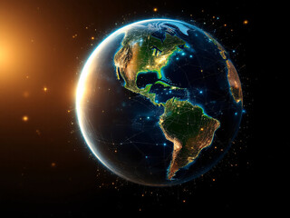 Naklejka premium Earth, globe, space, night, lights, cities, continent, sunrise, dawn, atmosphere, stars, universe, planet, geography, map, technology, network, connections, urban, population, landmass, oceans, coast