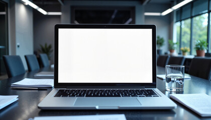 Minimalist laptop mockup on conference table in modern boardroom, professionalism