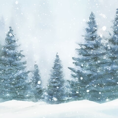 Watercolour Forest Winter Landscape Scenery
