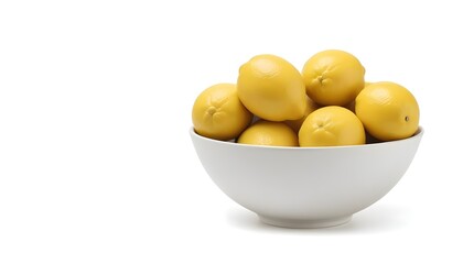 A white bowl filled with fresh, ripe yellow lemons
