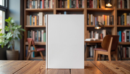 Blank white book mockup in cozy library, creative inspiration