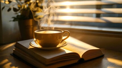 A cup of coffee with steam rising sits on an open book by a sunlit window. The soft, warm light creates a serene and reflective atmosphere, perfect for representing relaxation, quiet moments, or a