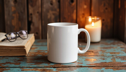 Fototapeta premium Cozy reading nook with empty white mug and candle, inviting warmth