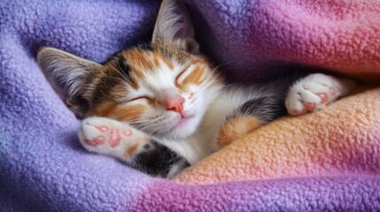 A heartwarming image of a kitten curled up in a soft, colorful blanket, sleeping peacefully. The vibrant hues of the blanket enhance the warmth and comfort of this scene.. AI Generation