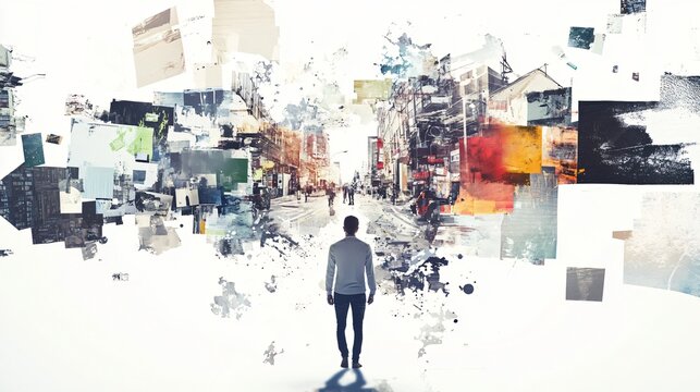 Man Walking into Abstract City Collage - Modern Art, Mixed Media, Urban Photography
