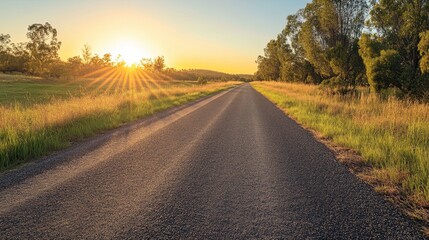 Fototapeta premium A peaceful country road stretches through open fields as the sun rises in the background, bathing the landscape in golden light. This tranquil morning scene evokes feelings of serenity and fresh