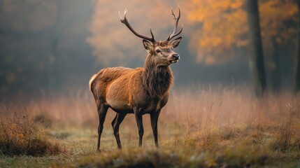 Obraz premium Majestic red deer stag stands in a field of tall grass, autumn colors in the background. A tranquil scene.