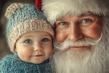 Gleeful festive season, Ñute baby boy joyful with santa claus. Christmas commercial concept creative design graphic for brochure and internet use. Toddler baby santa claus. Winter holiday ad.