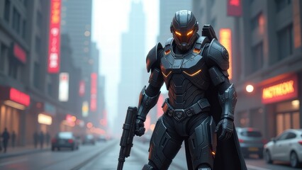 Futuristic armored warrior in urban street setting with neon lights