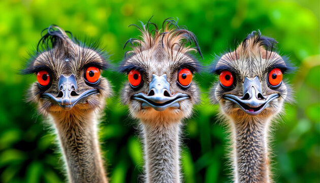 Three ostriches with red eyes looking at the camera