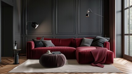 Modern Elegance: Burgundy Velvet Sofa and Minimalistic Home Interior Design