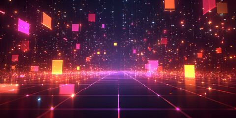 Obraz premium Abstract Neon Grid, Glowing Squares Fall Dynamically on a Digital Network, Creating a Vibrant, Futuristic Background