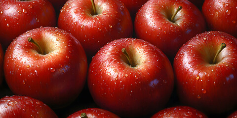 Juicy Red Apples, Fresh from the Orchard, Glistening with Dew Drops, a Delightful Harvest Bounty.