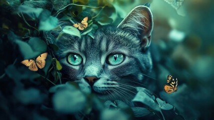 A captivating portrait of a gray tabby cat with striking green eyes, peering from amidst lush green foliage.  Butterflies flutter nearby, adding a touch of magic.