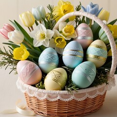 easter eggs in basket with flowers