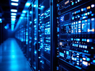 Servers, Data Center, Technology, Racks, Hardware, Computing, Network, Storage, Blue Lights, Equipment, Infrastructure, Digital, IT, Cloud, Processing, High-tech, Computers, Blades, Cooling, Cables, M