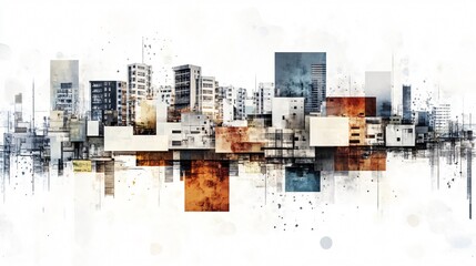 Obraz premium Abstract cityscape with geometric shapes and textured elements. Modern urban architecture in artistic style.