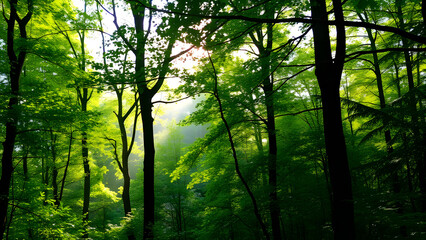 Obraz premium Sunlight filtering through a misty forest path in the morning