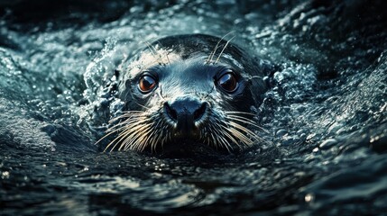 Fototapeta premium A captivating close-up of a seal's face emerging from dark, swirling water. Its expressive eyes and whiskers are highlighted against the moody background.