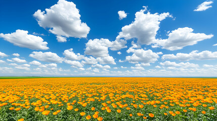 Fototapeta premium Vibrant Orange Poppy Field Under a Sunny Sky with Puffy Clouds
