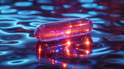 A glowing red capsule or pill floating in a pool of reflective blue water creating a dynamic abstract pattern of light and rippling textures  This image evokes a sense of transparency wellness