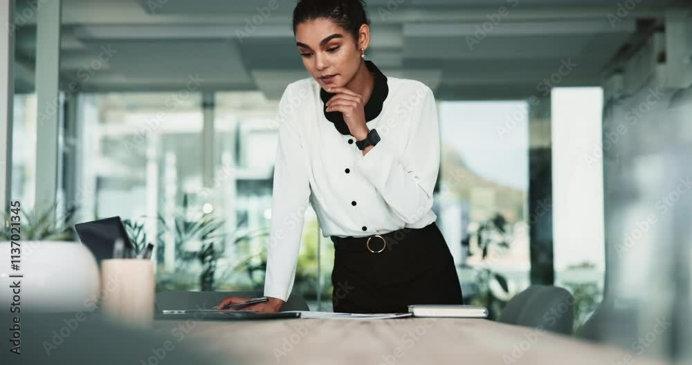 Poster woman, laptop and writing notes in office with thinking, problem solving or solution at media startu