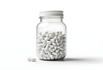 A glass jar filled with white capsule pills