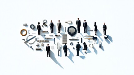 Naklejka premium Miniature Business People with Various Components - A Representation of Industry and Collaboration
