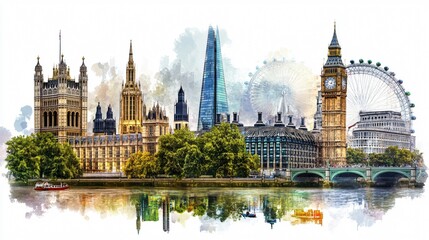 London landmarks watercolor art, UK. Big Ben, London Eye, Houses of Parliament.