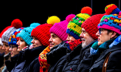 A group of people wearing colorful hats and scarves