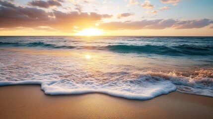 Obraz premium Serene Sunset Beachscape: Golden Hour Waves
