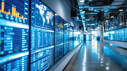 Obraz premium A modern data analytics room featuring multiple screens displaying graphs and statistics.