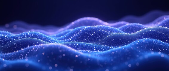 Obraz premium Abstract waves of glowing particles in vibrant dark blue creating a dynamic and fluid digital landscape.