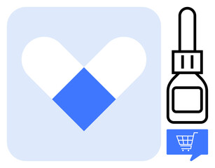 Heart-shaped capsule in blue and white, medicine bottle, and shopping cart icon. Ideal for healthcare, pharmacy, medical supplies, online shopping, e-commerce, wellness, patient care themes. Line