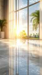 Fototapeta premium Sunlit Room Interior, Polished Floor Reflects Golden Hour Light Through Large Windows, Showing Lush Greenery Beyond.