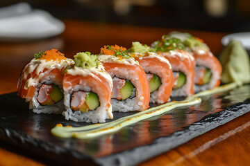 A Beautifully Presented Sushi Platter with Fresh Ingredients and a Modern Touch.