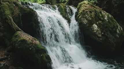 Fototapeta premium Serene Waterfall Cascading Through Mossy Rocks in Lush Forest