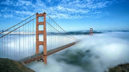 Obraz premium Golden Gate Bridge Enveloped in Fog: A Majestic View