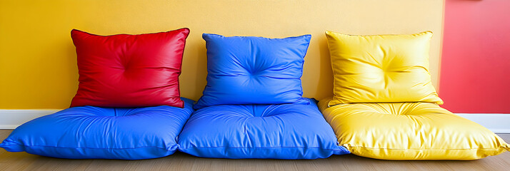 Colorful Cushions, Red, Blue, Yellow Pillows Resting on Matching Floor Cushions against a Vibrant Wall